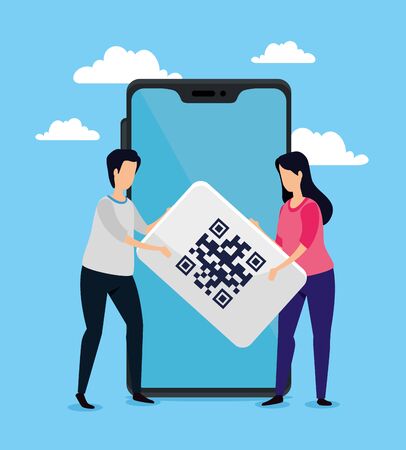 scan code qr with smartphone and business couple vector illustration designのイラスト素材