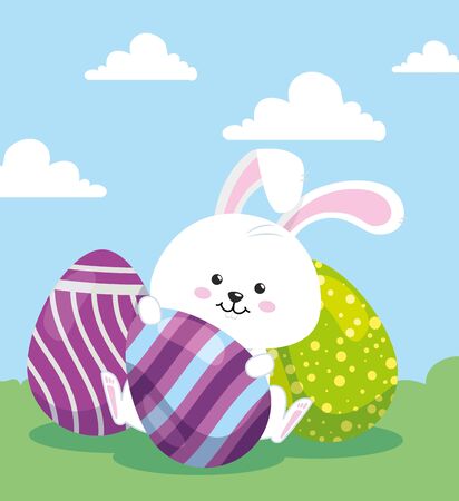 cute rabbit with eggs easter decorated vector illustration designのイラスト素材