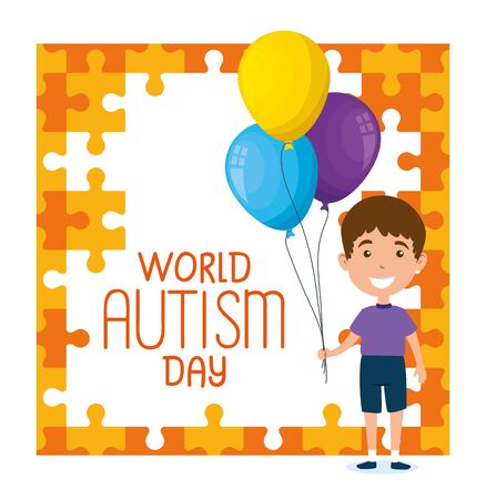world autism day with boy and balloons helium vector illustration designのイラスト素材