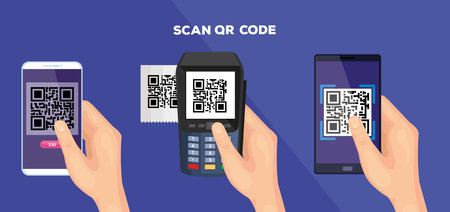 set poster of scan code qr and icons vector illustration design