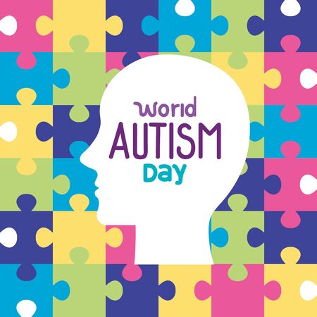 world autism day with head silhouette in puzzle pieces background vector illustration designのイラスト素材