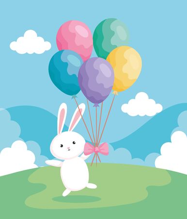 cute rabbit of easter with balloons helium in landscape vector illustration designのイラスト素材