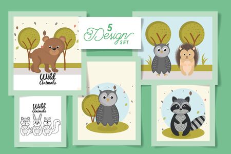 five designs of cute wild animals vector illustration designのイラスト素材