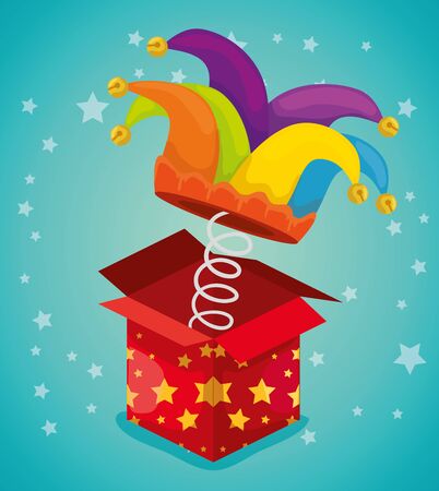box surprise with hat buffoon of april fools day vector illustration designのイラスト素材