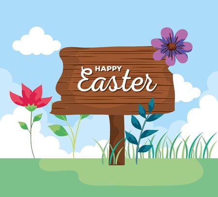 happy easter lettering in wooden label vector illustration designのイラスト素材