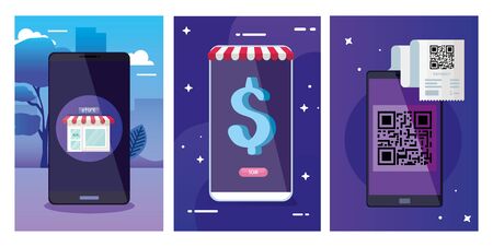qr code paper smartphones dollar and store design of technology scan information business price communication barcode digital and data theme Vector illustrationのイラスト素材