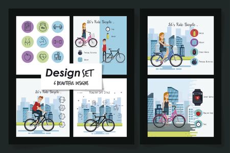 six designs of healthy lifestyle scenes and young people vector illustration designのイラスト素材