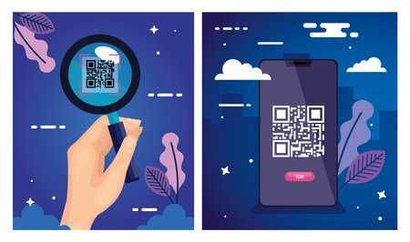 set poster of scan code qr and icons vector illustration design