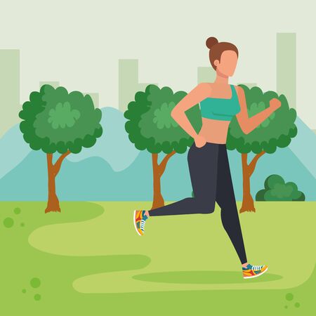 woman running sport activity in the cityscape with trees and bushes, vector illustrationのイラスト素材
