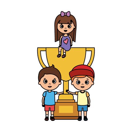 little kids students with trophy cup vector illustration designのイラスト素材