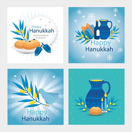 set poster of happy hanukkah with decoration vector illustration designのイラスト素材