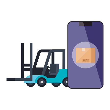 forklift and box inside smartphone design, Delivery logistics transportation shipping service warehouse industry and global theme Vector illustrationのイラスト素材