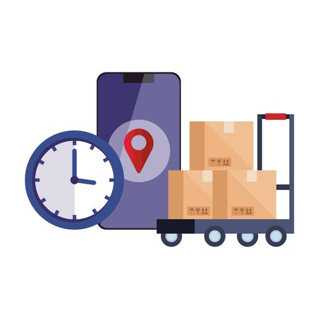 Boxes over cart gps mark clock and smartphone design, Delivery logistics transportation shipping service warehouse industry and global theme Vector illustrationのイラスト素材