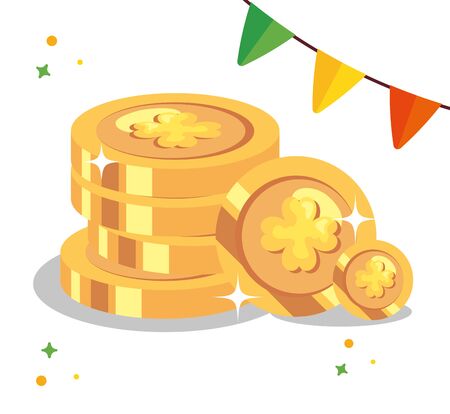 stack of coins with clovers and garlands hanging vector illustration designのイラスト素材