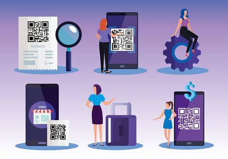 set designs of scan code qr and icons vector illustration designのイラスト素材