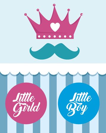 banner of crown and mustache with littles boy and girls labels to baby shower vector illustrationのイラスト素材