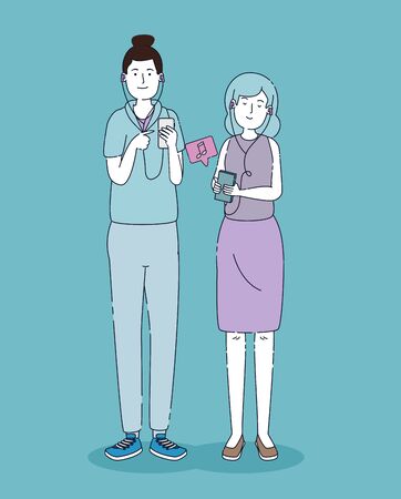 boy and girl with modern headphones and smartphone over blue background, vector illustrationのイラスト素材