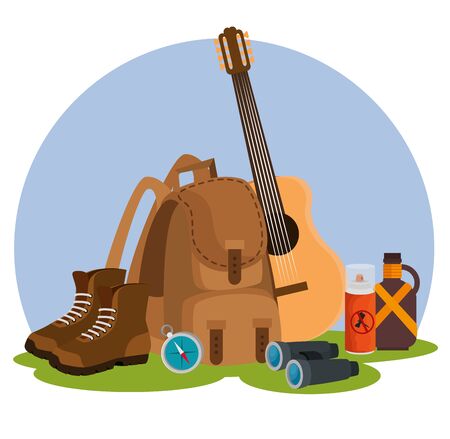 guitar with backpack and boots to nature camping to summer adventure vector illustrationのイラスト素材