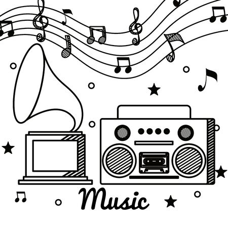 turntable and radio with treble clef and quaver with beam notes to music melody vector illustrationのイラスト素材
