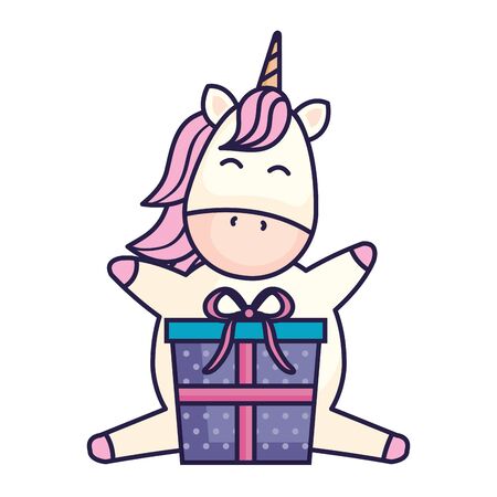 cute unicorn with gift box isolated icon vector illustration designのイラスト素材