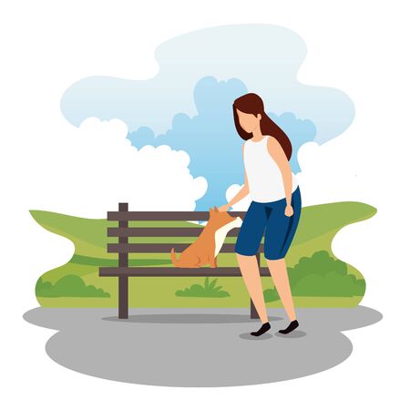 woman with dog in park wooden chair vector illustration designのイラスト素材