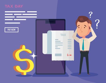 tax day poster with thinking businessman and icons vector illustration designのイラスト素材