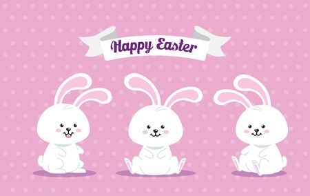 happy easter card with rabbits vector illustration designのイラスト素材