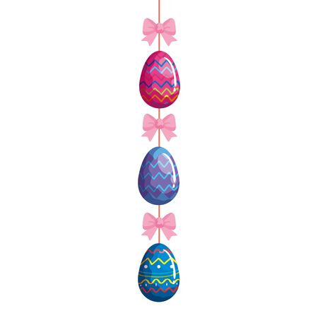 cute eggs easter decorated hanging with bow ribbon vector illustration designiconのイラスト素材