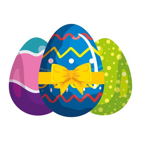 set of cute eggs easter decorated with bow ribbon vector illustration designのイラスト素材