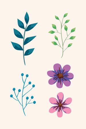 set of cute flowers and branches with leafs vector illustration designのイラスト素材