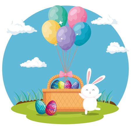 eggs easter in basket wicker with rabbit and balloons helium vector illustration designのイラスト素材