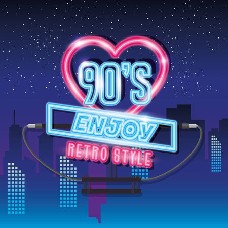label nineties retro style of neon light with cityscape vector illustration designのイラスト素材