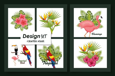 six designs of leafs and animals tropicals vector illustration designのイラスト素材