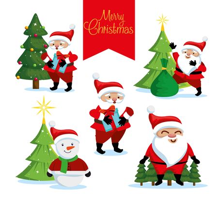 bundle christmas with santa claus and snowman vector illustration designのイラスト素材