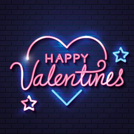happy valentines day with heart and stars of neon lights vector illustration designのイラスト素材