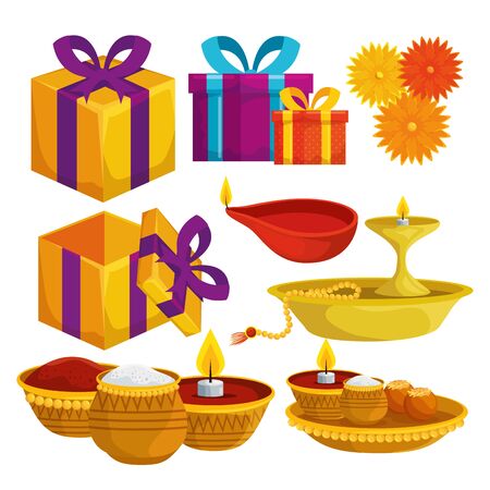 set of hindu traditional decoration and event over white background, vector illustrationのイラスト素材