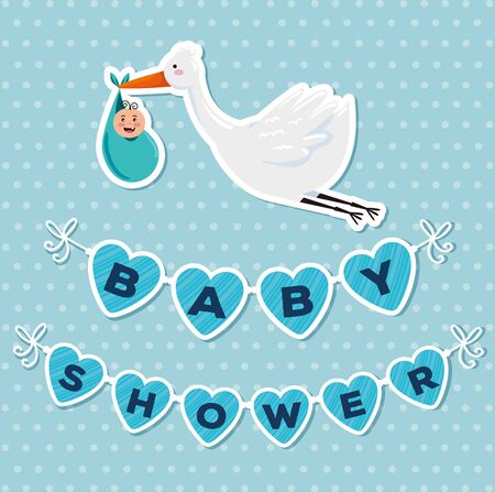 stork flying with baby and party banner message to baby shower vector illustrationのイラスト素材