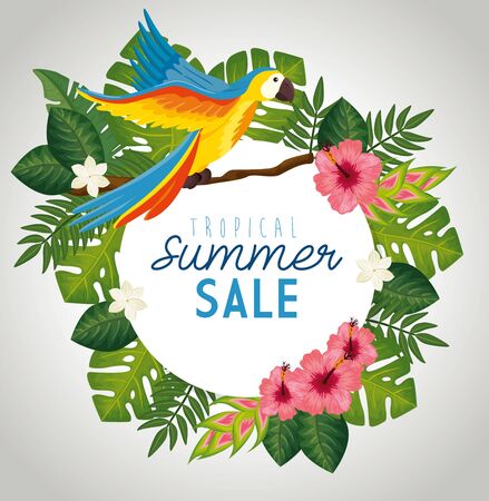tropical summer sale with frame of flowers and animal exotic vector illustration designのイラスト素材
