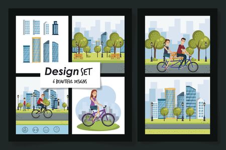 six designs of healthy lifestyle scenes and young people vector illustration designのイラスト素材