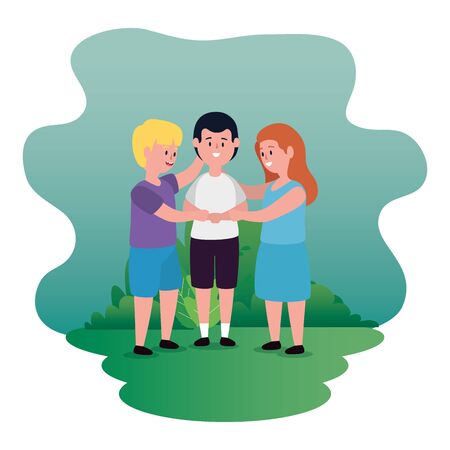 girl and boys children and casual clothes with bushes plants, vector illustrationのイラスト素材