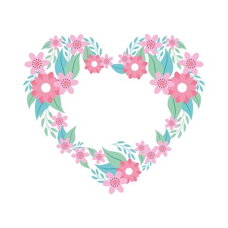 Heart of flowers pink with branches and leafs  on whiteのイラスト素材