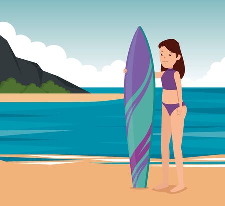 girl practice surfing fitness activity to summer sport vector illustrationのイラスト素材