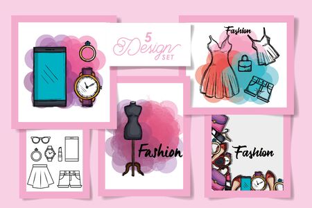 Five designs of female fashion cloth, Style wear store shop retail fabric and made theme Vector illustrationのイラスト素材