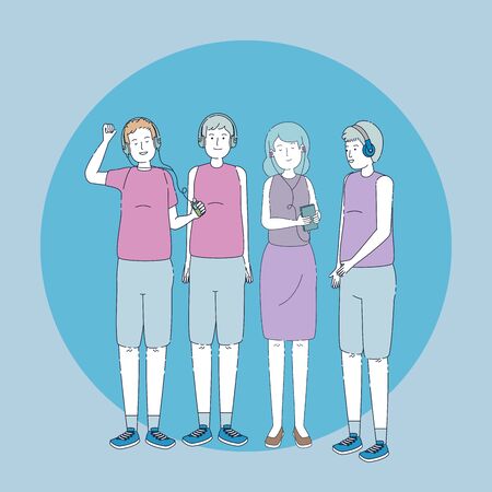 group of people listen music with player vector illustration designのイラスト素材