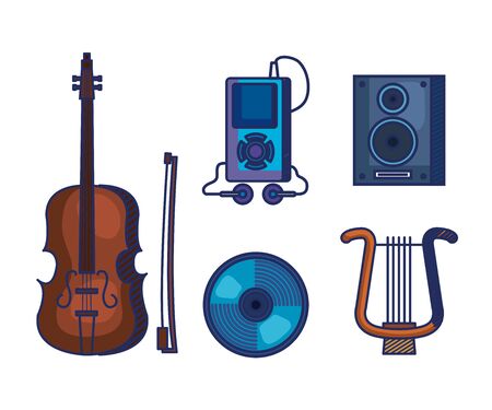 set of violin and harp instruments with mp4 and cd with stereo to mucis melody vector illustrationのイラスト素材