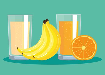 banana and orange fruits with fresh juice to healthy food vector illustrationのイラスト素材
