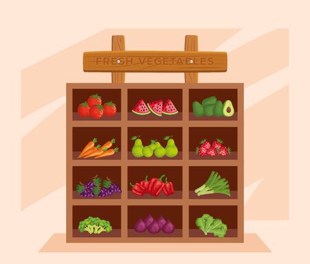 fresh vegetables and fresh healthy products to natural store, vector illustrationのイラスト素材