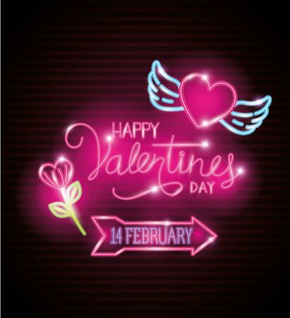 happy valentines day label in neon light, icons valentine day vector illustration designのイラスト素材
