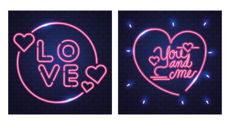 set of lettering of neon light for valentines day vector illustration designのイラスト素材