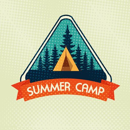 label of camp with pines trees and ribbon to wanderlust adventure vector illustrationのイラスト素材